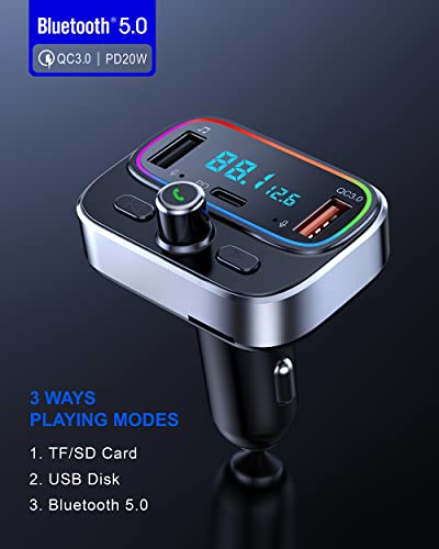 Bluetooth FM Transmitter for Car Wireless Radio Adapter Kit, Hands-Free Calling Dual Microphone, Car USB Charger QC 3.0 & PD 20 W for All Smartphones Audio Players, Supports TF/SD Card and USB Disk