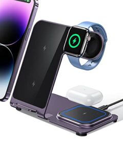intoval charging station for apple iphone/watch/airpods, 3 in 1 wireless charger for iphone 14/13/12/11/xs/xr/xs/x/8, iwatch 8/ultra/7/6/se/5/4/3/2, airpods pro2/pro1/3/2/1 (y9,purple)