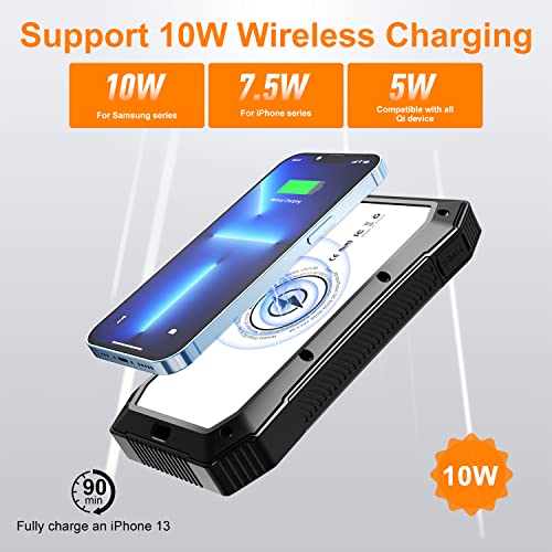 ABFOCE Solar Power Bank 36800mAh 12V1.5A 18W PD QC 3.0 USB C Fast Charging 10W Wireless Portable Charger with 4 Outputs and 44 LED Lights, IP65 Waterproof Battery Pack Compatible with iPhone, Android