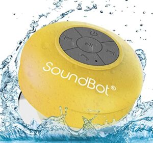 soundbot sb510 bluetooth shower speaker hd water resistant bathroom speakers, handsfree portable speakerphone with built-in mic, 6hrs of playtime, control buttons and dedicated suction cup (yellow)