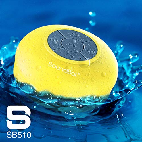 Soundbot SB510 Bluetooth Shower Speaker HD Water Resistant Bathroom Speakers, Handsfree Portable Speakerphone with Built-in Mic, 6hrs of Playtime, Control Buttons and Dedicated Suction Cup (Yellow)