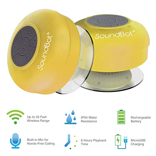 Soundbot SB510 Bluetooth Shower Speaker HD Water Resistant Bathroom Speakers, Handsfree Portable Speakerphone with Built-in Mic, 6hrs of Playtime, Control Buttons and Dedicated Suction Cup (Yellow)