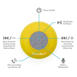 Soundbot SB510 Bluetooth Shower Speaker HD Water Resistant Bathroom Speakers, Handsfree Portable Speakerphone with Built-in Mic, 6hrs of Playtime, Control Buttons and Dedicated Suction Cup (Yellow)
