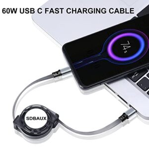 SDBAUX Retractable USB C to USB C 60W Cable,Type C Phone Charger Fast Charging Cord Compatible with Galaxy S22 S21 Lumia Switch Pixel Mini Cell Phones Tablets and More[2-Pack 3.3ft]