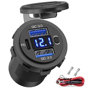 12v usb outlet qidoe dual 18w quick charge 3.0 port & 20w pd 12v usb c car charger socket with voltmeter and power switch, waterproof multiple car usb port adapter for car boat marine truck golf rv