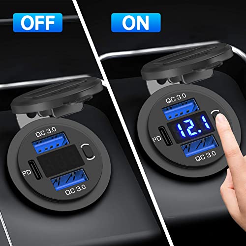 12V USB Outlet Qidoe Dual 18W Quick Charge 3.0 Port & 20W PD 12V USB C Car Charger Socket with Voltmeter and Power Switch, Waterproof Multiple Car USB Port Adapter for Car Boat Marine Truck Golf RV