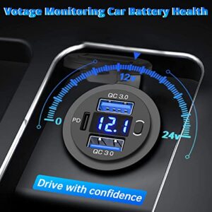 12V USB Outlet Qidoe Dual 18W Quick Charge 3.0 Port & 20W PD 12V USB C Car Charger Socket with Voltmeter and Power Switch, Waterproof Multiple Car USB Port Adapter for Car Boat Marine Truck Golf RV