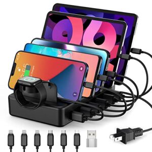 charging station for multiple devices, hsicily 50w 6 ports charging dock with 6 mixed cables charger station compatible with cellphone, tablet, kindle, apple watch and other electronics