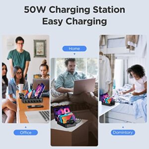 Charging Station for Multiple Devices, HSicily 50W 6 Ports Charging Dock with 6 Mixed Cables Charger Station Compatible with Cellphone, Tablet, Kindle, Apple Watch and Other Electronics