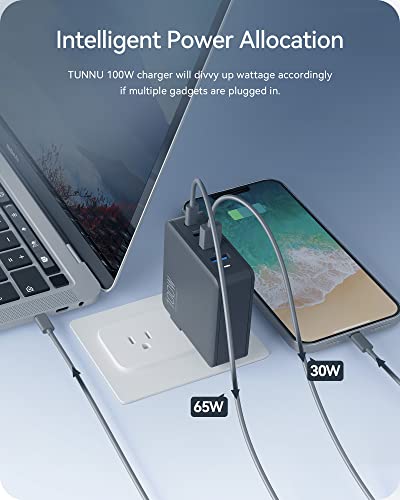 100W USB C Wall Charger: TUNNU GaN PD Fast Charging Block Type C Multiport Power Adapter - 4 Ports for USB C Laptop Smartphone - Compatible with MacBook Pro Air iPhone 12/13 Pro Max iPad Pro Samsung