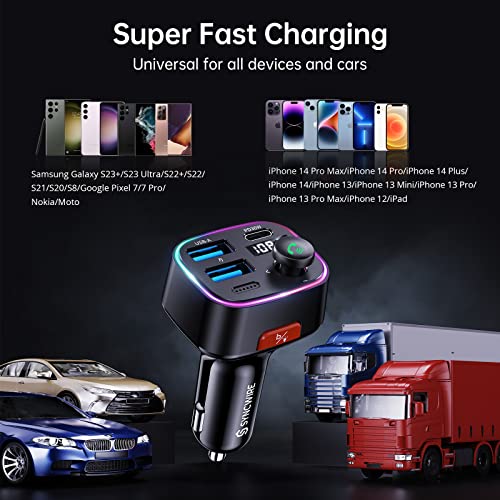 Syncwire Bluetooth 5.3 FM Transmitter Car Adapter 48W (PD 36W & 12W) [Light Switch] [HiFi Bass Sound] [Fast Charging] Wireless Radio Music Adapter LED Display Hands-Free Calling Support USB Drive