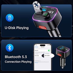 Syncwire Bluetooth 5.3 FM Transmitter Car Adapter 48W (PD 36W & 12W) [Light Switch] [HiFi Bass Sound] [Fast Charging] Wireless Radio Music Adapter LED Display Hands-Free Calling Support USB Drive