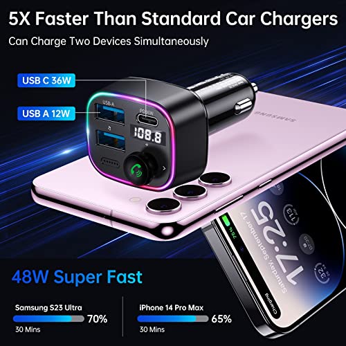 Syncwire Bluetooth 5.3 FM Transmitter Car Adapter 48W (PD 36W & 12W) [Light Switch] [HiFi Bass Sound] [Fast Charging] Wireless Radio Music Adapter LED Display Hands-Free Calling Support USB Drive