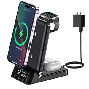 fast wireless charger,4 in 1 wireless charging station with alarm clock compatible with iphone 14/13/12/11/pro/max/xs/xr,phone charger stand dock for apple watch and airpods(with 20w adapter)