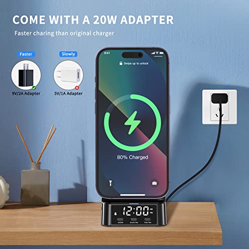 Fast Wireless Charger,4 in 1 Wireless Charging Station with Alarm Clock Compatible with iPhone 14/13/12/11/Pro/Max/XS/XR,Phone Charger Stand Dock for Apple Watch and Airpods(with 20W Adapter)