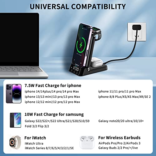 Fast Wireless Charger,4 in 1 Wireless Charging Station with Alarm Clock Compatible with iPhone 14/13/12/11/Pro/Max/XS/XR,Phone Charger Stand Dock for Apple Watch and Airpods(with 20W Adapter)