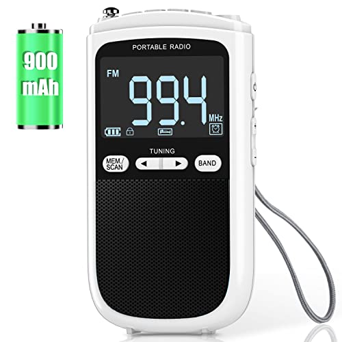 Greadio Portable AM FM Radio, Walkman Transistor Battery Radio with Rechargeable 900mAh Battery, Best Reception, Digtal LCD Screen, Time Seting Pocket Mini Radio for Home, Office, Kids (White)