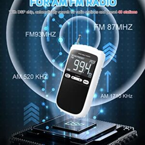 Greadio Portable AM FM Radio, Walkman Transistor Battery Radio with Rechargeable 900mAh Battery, Best Reception, Digtal LCD Screen, Time Seting Pocket Mini Radio for Home, Office, Kids (White)