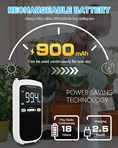 Greadio Portable AM FM Radio, Walkman Transistor Battery Radio with Rechargeable 900mAh Battery, Best Reception, Digtal LCD Screen, Time Seting Pocket Mini Radio for Home, Office, Kids (White)