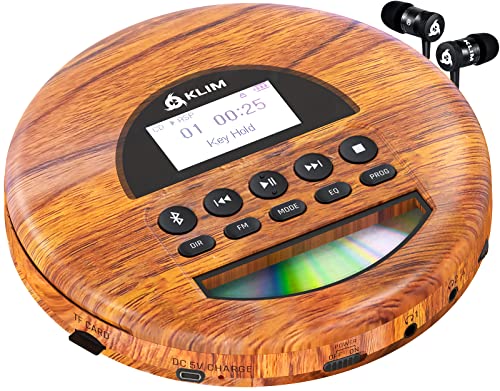 KLIM Nomad Wood + Portable CD Player Walkman + Long-Lasting Battery + Includes Headphones + Radio FM + Compatible MP3 CD Player Portable + TF Card, Radio FM, Bluetooth + Ideal for Cars + New 2022