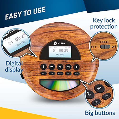 KLIM Nomad Wood + Portable CD Player Walkman + Long-Lasting Battery + Includes Headphones + Radio FM + Compatible MP3 CD Player Portable + TF Card, Radio FM, Bluetooth + Ideal for Cars + New 2022