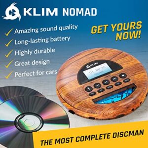 KLIM Nomad Wood + Portable CD Player Walkman + Long-Lasting Battery + Includes Headphones + Radio FM + Compatible MP3 CD Player Portable + TF Card, Radio FM, Bluetooth + Ideal for Cars + New 2022