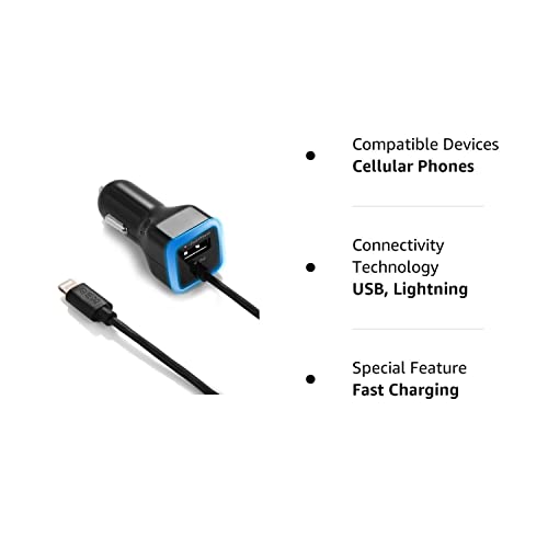 GEMBONICS Apple Certified iPhone Lightning Car Charger for iPhone 12, 11, X, XR, XS, 8, 8 Plus, 7, 7 Plus, 6S, 6S Plus, 6 Plus, SE, 5S, iPad Pro, iPad Air 2, Mini 4 with Extra USB Port (Black)