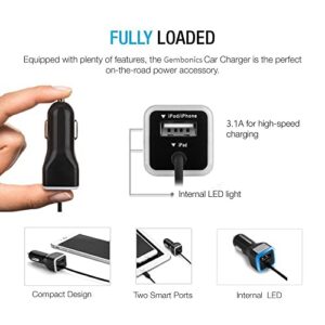 GEMBONICS Apple Certified iPhone Lightning Car Charger for iPhone 12, 11, X, XR, XS, 8, 8 Plus, 7, 7 Plus, 6S, 6S Plus, 6 Plus, SE, 5S, iPad Pro, iPad Air 2, Mini 4 with Extra USB Port (Black)