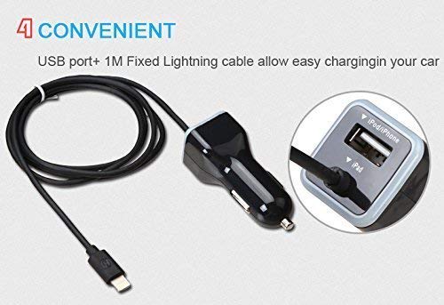 GEMBONICS Apple Certified iPhone Lightning Car Charger for iPhone 12, 11, X, XR, XS, 8, 8 Plus, 7, 7 Plus, 6S, 6S Plus, 6 Plus, SE, 5S, iPad Pro, iPad Air 2, Mini 4 with Extra USB Port (Black)