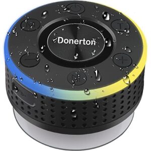donerton bluetooth shower speaker, ipx7 waterproof wireless speaker with suction cup, portable speaker, 360 hd surround sound, led light mini speakers, dual stereo pairing, built-in mic, radio(black)