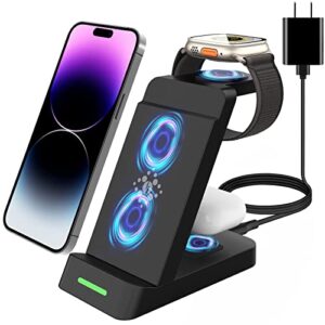 wireless charging station, 3 in 1 wireless charger for apple watch 8/ultra/7/se/6/5/4/3/2, fast wireless charging stand dock for iphone 14/13/12/11/pro/max/plus/se/xs/xr/x/8 air-pods(with adapter)