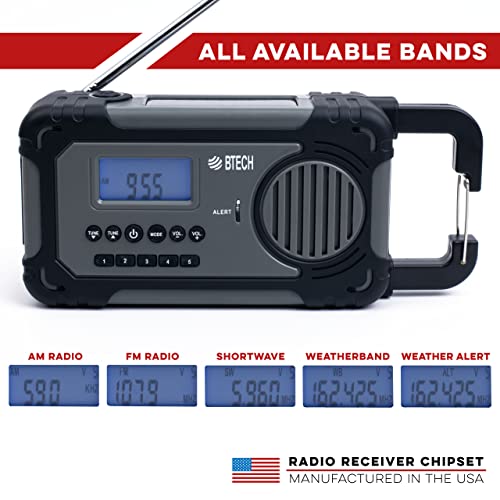 BTECH ER-V1 Emergency Solar Hand Crank Portable Radio, AM/FM/NOAA/SW Radio Receiver, 5 Ways to Power with 2000mAh Power Bank Phone Charger, USB Charger and LED Flashlight