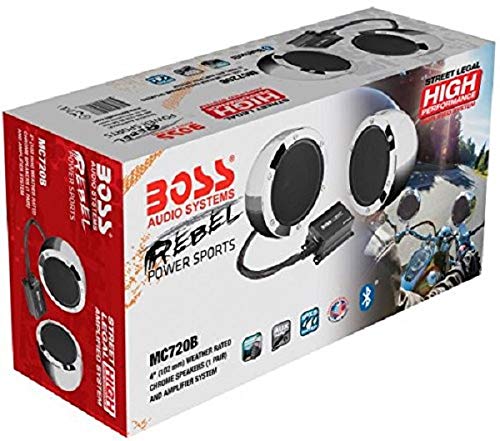 BOSS Audio Systems MC720B 4 Inch Motorcycle Full Range Stereo Speakers and Amplifier Sound System – Weatherproof, Bluetooth, 2 Channel Class D Amplifier, Volume Control, Use With ATV UTV