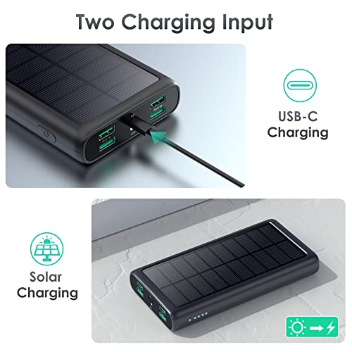 Portable Charger 36800mAh, USB C Input/Output Power Bank, 5 Outputs Battery Pack, IP65 Solar Charger with LED Flashlight, Solar Power Bank Compatible with iPhone 13 12 11 LG Samsung S20 Google