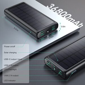 Portable Charger 36800mAh, USB C Input/Output Power Bank, 5 Outputs Battery Pack, IP65 Solar Charger with LED Flashlight, Solar Power Bank Compatible with iPhone 13 12 11 LG Samsung S20 Google