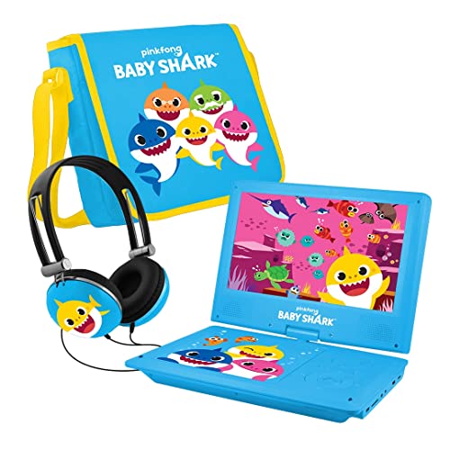 DP AUDIO Pinkfong Baby Shark 9'' Portable DVD Player for Kids with Matching Headphones and Carrying Bag, Compatible with CDs, DVDs, USB and SD Card, Swivel Screen