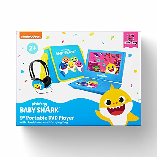 DP AUDIO Pinkfong Baby Shark 9'' Portable DVD Player for Kids with Matching Headphones and Carrying Bag, Compatible with CDs, DVDs, USB and SD Card, Swivel Screen