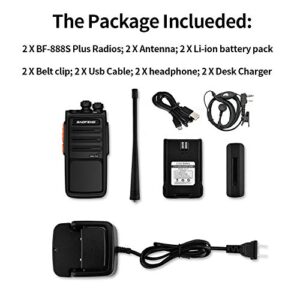 BAOFENG Walkie Talkies Long Range BF-888S Plus Rechargeable 1500mAh Li-ion All Day Working, USB Cable Charging Portable Two Way Radio with Earpieces and Mic（2 Pack）