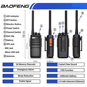 BAOFENG Walkie Talkies Long Range BF-888S Plus Rechargeable 1500mAh Li-ion All Day Working, USB Cable Charging Portable Two Way Radio with Earpieces and Mic（2 Pack）