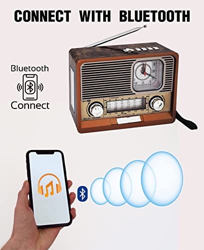 Videyas Portable Shortwave Retro Radio, AM FM Retro Radio, with Bluetooth Speaker, Best Reception, Rechargeable Battery, Torch, AUX TF USB Stick, Great for Outdoor Kitchen Gifts