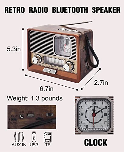 Videyas Portable Shortwave Retro Radio, AM FM Retro Radio, with Bluetooth Speaker, Best Reception, Rechargeable Battery, Torch, AUX TF USB Stick, Great for Outdoor Kitchen Gifts