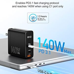 EHO 140W USB C Wall Charger for MacBook Pro 16", PD 3.1 3-Port GaN III USB C Power Adapter 45W PPS Super Fast Charging Travel Charger Compatible w/Laptops, MacBook Pro/Air, iPhone, Samsung