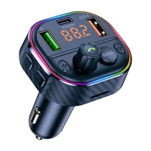 bluetooth 5.1 fm transmitter for car, bluetooth car adapter with pd20w+qc3.0 car radio music adapter, supports handsfree call siri google assistant, sd card/u disk, 7 color led backlit, led voltmeter