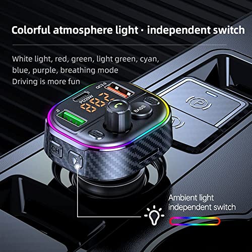 Bluetooth 5.1 FM Transmitter for Car, Bluetooth Car Adapter with PD20W+QC3.0 Car Radio Music Adapter, Supports Handsfree Call Siri Google Assistant, SD Card/U Disk, 7 Color LED Backlit, LED Voltmeter