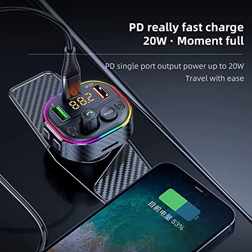 Bluetooth 5.1 FM Transmitter for Car, Bluetooth Car Adapter with PD20W+QC3.0 Car Radio Music Adapter, Supports Handsfree Call Siri Google Assistant, SD Card/U Disk, 7 Color LED Backlit, LED Voltmeter