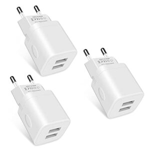 european travel plug adapter charger for iphone samsung android phone,international power adaptor with 2 charger port usb, eu wall charging block brick plug in europe germany outlets power strip