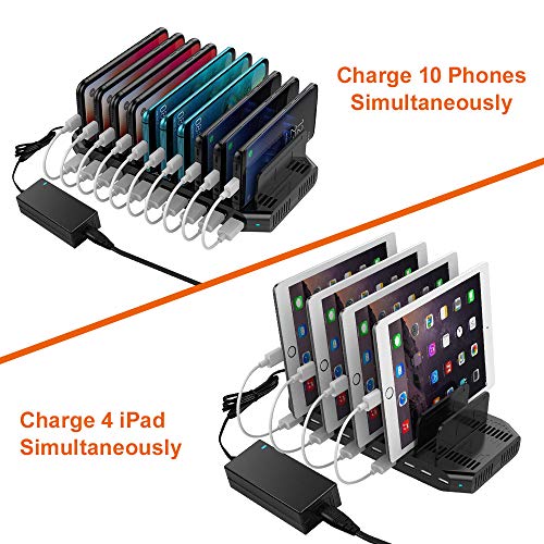 Alxum 60W 10 Port USB Charging Station Multiple Charger Station, USB Organizer Stand for iPad, iPhone Xs Max, X, 8 Plus, Samsung Galaxy, Google Pixel, LG stylo, Black (60W)