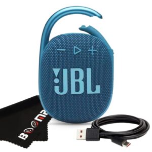 boomph sound pack: jbl clip 4 portable bluetooth wireless speaker with ip67 waterproof, dustproof, carabiner clip, built-in battery | 10 hour play time of rich audio and punchy bass | blue