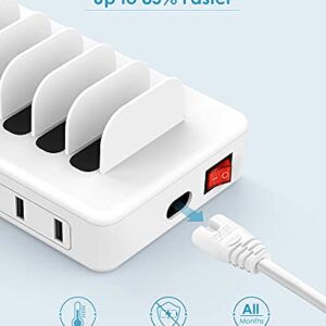 Charging Station for Multiple Devices, 6 Ports Compatible Cables W/3 iPhone, Micro USB,Type C,Compatible with Apple Charging Station,Phone,iPad,Cell Phone,Tablets,iPad,Kindle,White