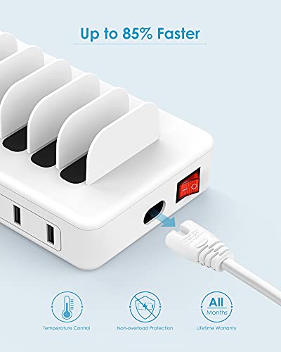 Charging Station for Multiple Devices, 6 Ports Compatible Cables W/3 iPhone, Micro USB,Type C,Compatible with Apple Charging Station,Phone,iPad,Cell Phone,Tablets,iPad,Kindle,White